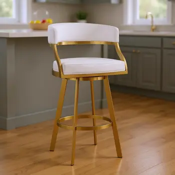 26" White and Gold Faux Leather and Stainless Steel Low Back Counter Height Swivel Bar Chair