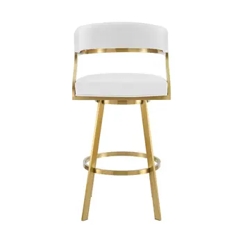 26" White and Gold Faux Leather and Stainless Steel Low Back Counter Height Swivel Bar Chair