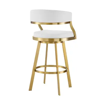 26" White and Gold Faux Leather and Stainless Steel Low Back Counter Height Swivel Bar Chair