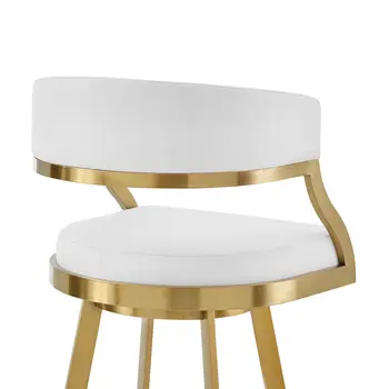 26" White and Gold Faux Leather and Stainless Steel Low Back Counter Height Swivel Bar Chair