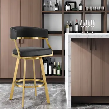 30" Black and Gold Faux Leather and Stainless Steel Low Back Bar Height Swivel Bar Chair
