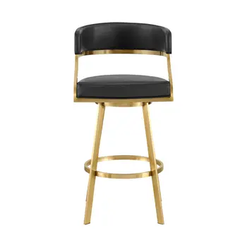 30" Black and Gold Faux Leather and Stainless Steel Low Back Bar Height Swivel Bar Chair