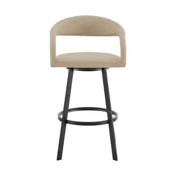 30" Beige and Black Faux Leather and Iron Low Back Bar Height Swivel Bar Chair