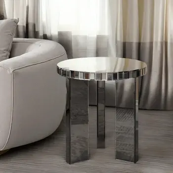 20" Silver And Black Faux Marble And Glass Round Mirrored End Table