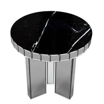 20" Silver And Black Faux Marble And Glass Round Mirrored End Table