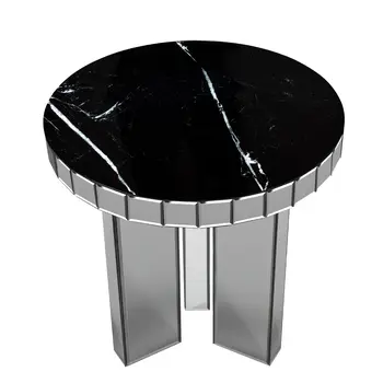 20" Silver And Black Faux Marble And Glass Round Mirrored End Table