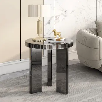 20" Silver And Black Faux Marble And Glass Round Mirrored End Table