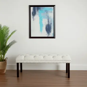 48" Ivory and Black Tufted Velvet Upholstered Bench