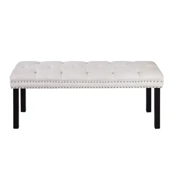 48" Ivory and Black Tufted Velvet Upholstered Bench