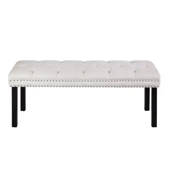 48" Ivory and Black Tufted Velvet Upholstered Bench