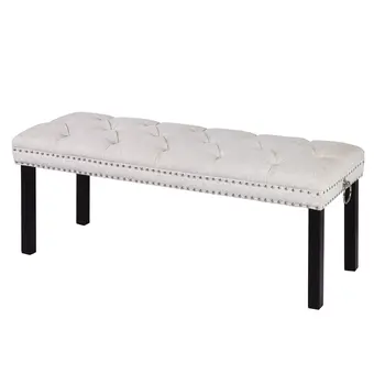 48" Ivory and Black Tufted Velvet Upholstered Bench