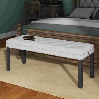 48" Ivory and Black Tufted Velvet Upholstered Bench