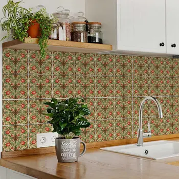 7" x 7" Green And Red Vinyl Arabesque Peel And Stick Removable Tiles