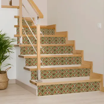 7" x 7" Green And Red Vinyl Arabesque Peel And Stick Removable Tiles