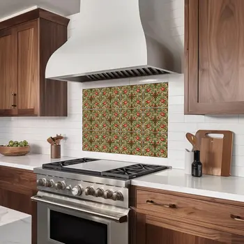 7" x 7" Green And Red Vinyl Arabesque Peel And Stick Removable Tiles