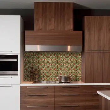8" x 8" Green And Red Vinyl Arabesque Peel And Stick Removable Tiles