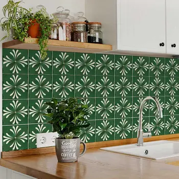 4" x 4" Green Vinyl Arabesque Peel And Stick Removable Tiles