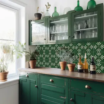 7" x 7" Green Vinyl Arabesque Peel And Stick Removable Tiles