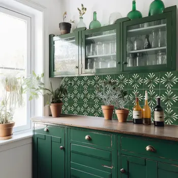 8" x 8" Green Vinyl Arabesque Peel And Stick Removable Tiles