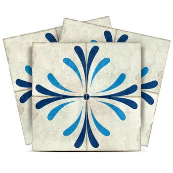 7" x 7" Blue Vinyl Arabesque Peel And Stick Removable Tiles