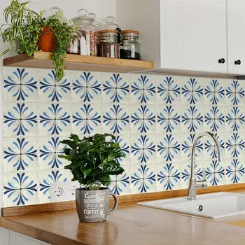 7" x 7" Blue Vinyl Arabesque Peel And Stick Removable Tiles