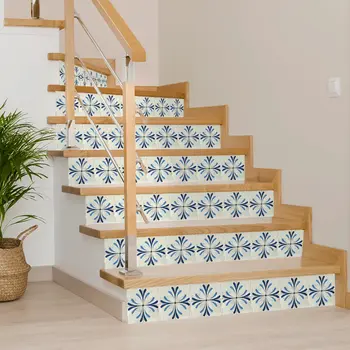 7" x 7" Blue Vinyl Arabesque Peel And Stick Removable Tiles