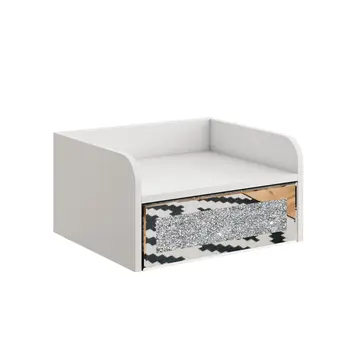 14" White Wood Faux Crystal Bling And Mirrored Glass One Drawer Floating Nightstand