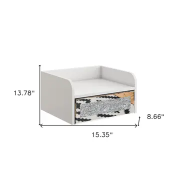14" White Wood Faux Crystal Bling And Mirrored Glass One Drawer Floating Nightstand