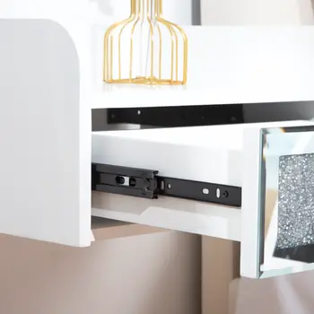 14" White Wood Faux Crystal Bling And Mirrored Glass One Drawer Floating Nightstand