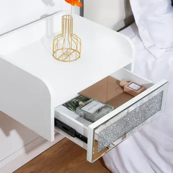 14" White Wood Faux Crystal Bling And Mirrored Glass One Drawer Floating Nightstand