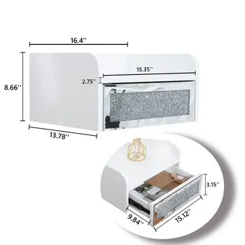 14" White Wood Faux Crystal Bling And Mirrored Glass One Drawer Floating Nightstand