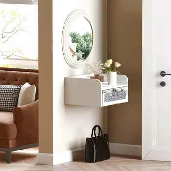 14" White Wood Faux Crystal Bling And Mirrored Glass One Drawer Floating Nightstand