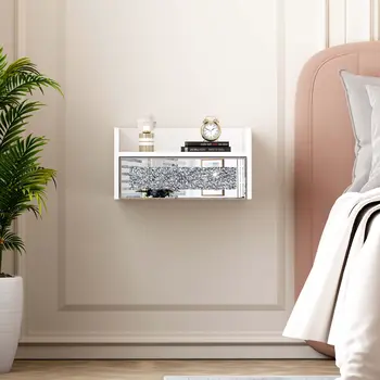 14" White Wood Faux Crystal Bling And Mirrored Glass One Drawer Floating Nightstand