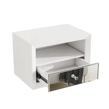 13" White Wood And Mirrored Glass One Drawer Floating Nightstand