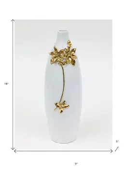 18" Gold Floral Oval Ceramic Table Vase With Sculptural Details