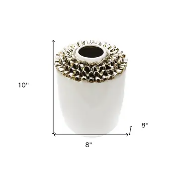 10" White Round Ceramic Table Vase With Sculptural Details