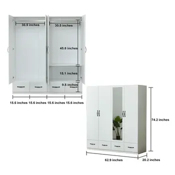 74" White Mirrored Four Door Four Drawer Combo Dresser