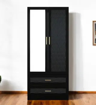 71" Black Carved Geometric And Mirrored Two Door Two Drawer Combo Dresser