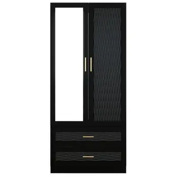 71" Black Carved Geometric And Mirrored Two Door Two Drawer Combo Dresser