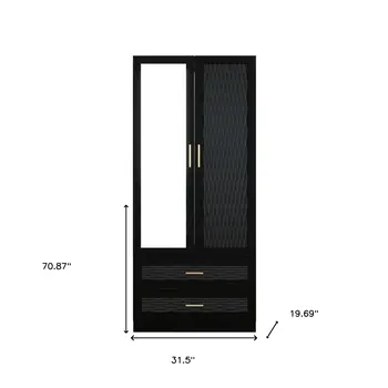 71" Black Carved Geometric And Mirrored Two Door Two Drawer Combo Dresser