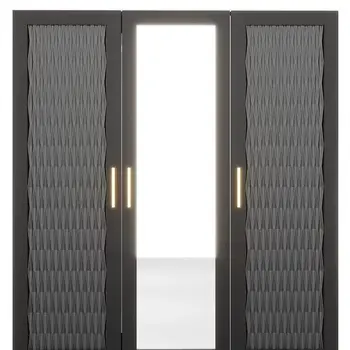 71" Black Carved Geometric Mirrored Three Door Four Drawer Combo Dresser