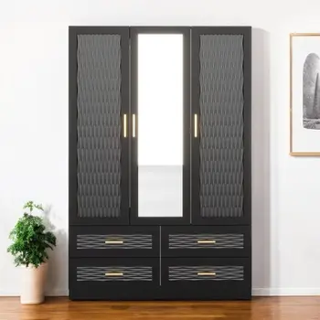 71" Black Carved Geometric Mirrored Three Door Four Drawer Combo Dresser