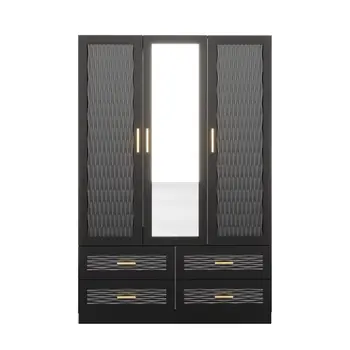 71" Black Carved Geometric Mirrored Three Door Four Drawer Combo Dresser