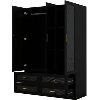 71" Black Carved Geometric Mirrored Three Door Four Drawer Combo Dresser