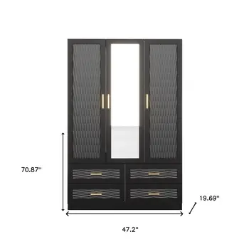 71" Black Carved Geometric Mirrored Three Door Four Drawer Combo Dresser