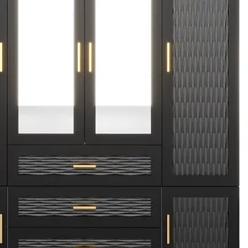 71" Black Gray And Gold Carved Geometric Mirrored Six Door Three Drawer Combo Dresser