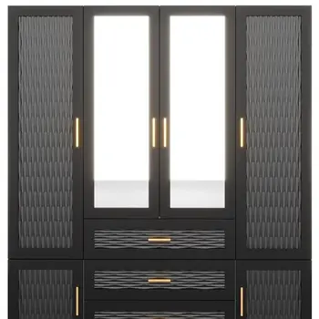 71" Black Gray And Gold Carved Geometric Mirrored Six Door Three Drawer Combo Dresser