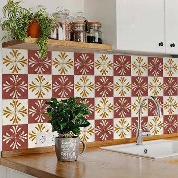 6" x 6" Brown And Gold Vinyl Arabesque Peel And Stick Removable Tiles