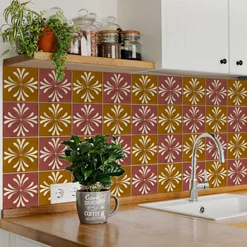 7" x 7" Brown And Gold Vinyl Arabesque Peel And Stick Removable Tiles
