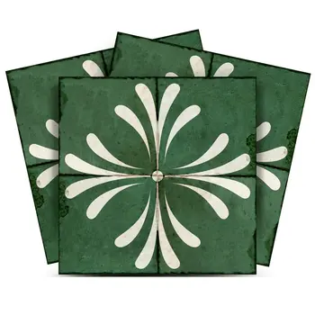 4" x 4" Green And Gray Vinyl Arabesque Peel And Stick Removable Tiles